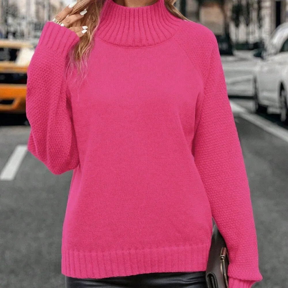 Hot Pink Casual Women's Stand Collar Raglan Sleeve Knit Pullover Sweater